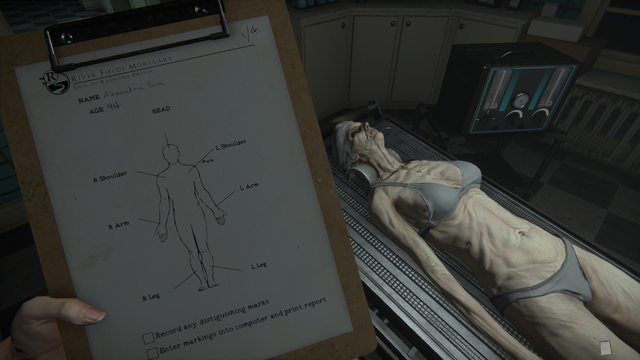 Examination checklist and a cadaver in The Mortuary Assistant