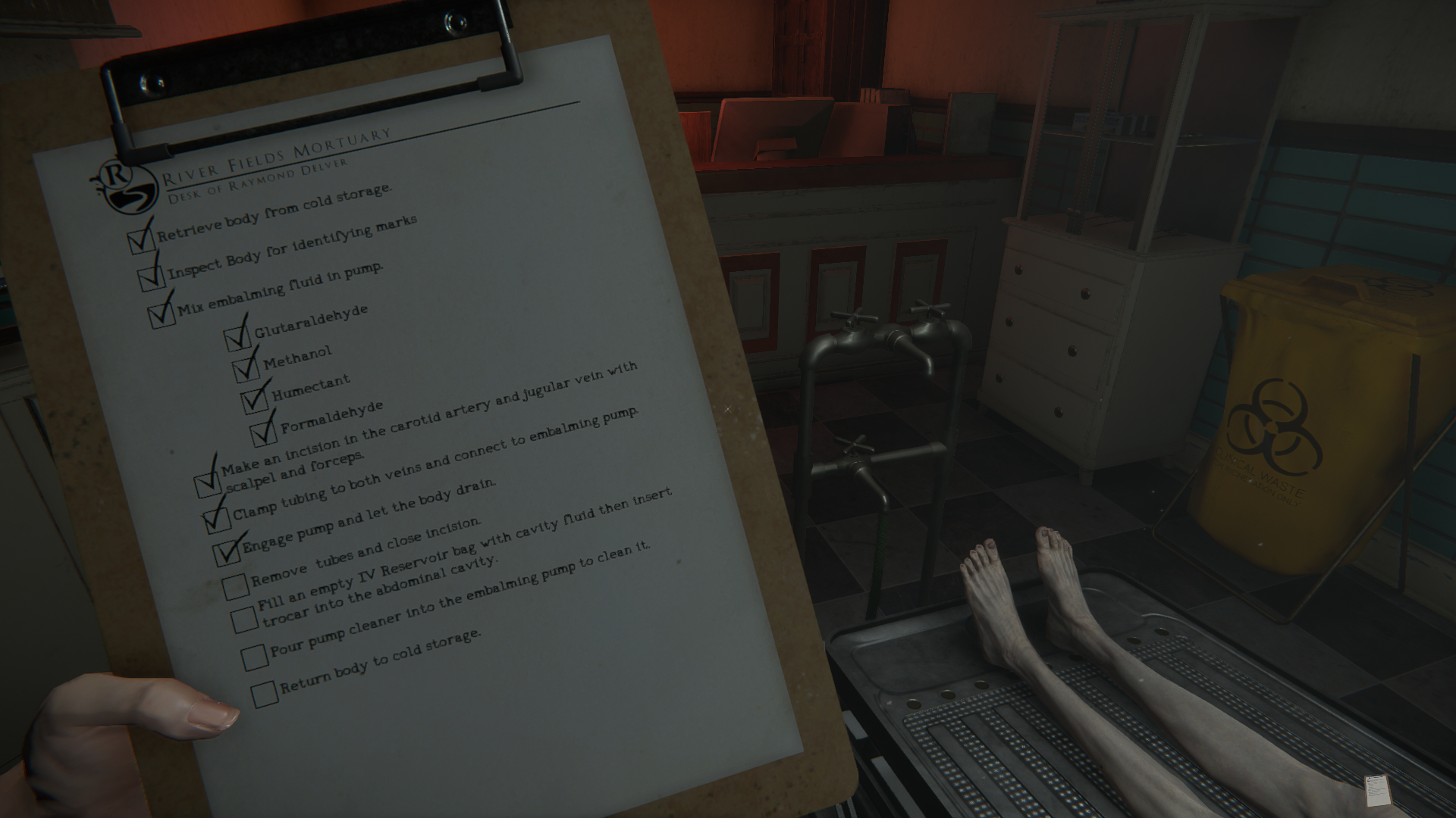 Check list and the feet of a body in The Mortuary Assistant